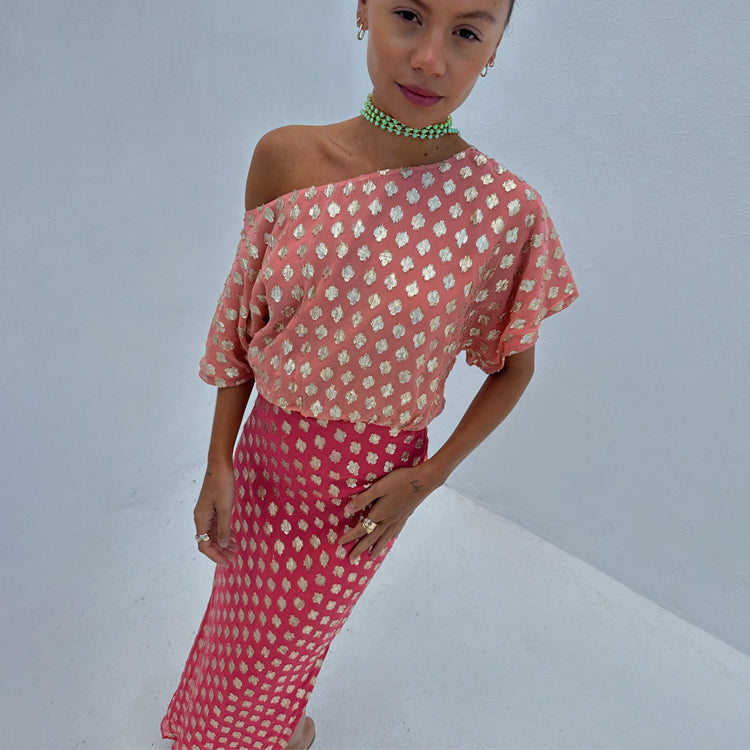 Pink & Red Jacquard Off Shoulder Tilly Dress with Gold Dots