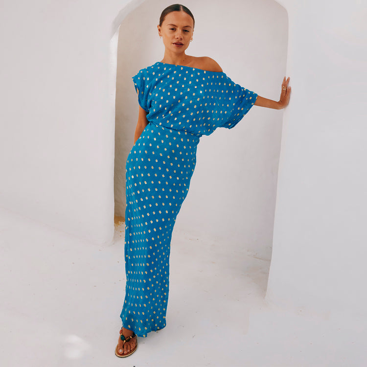 Blue Off-the-Shoulder Jacquard Dress with Elastic Waist