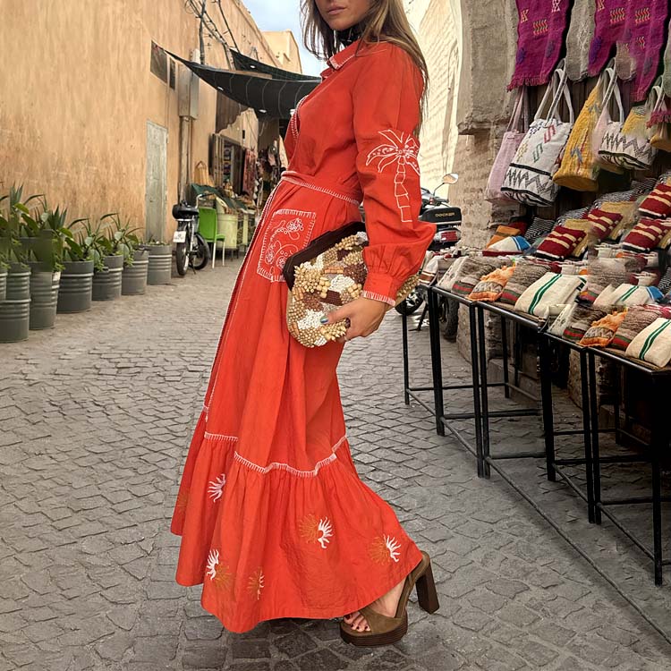 Red and Cream Pollenca Cotton Shirt Dress with Tie Belt