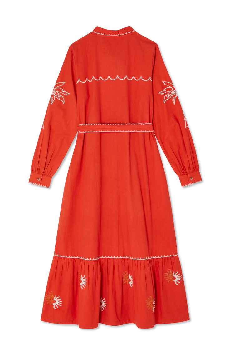 Red and Cream Pollenca Cotton Shirt Dress with Tie Belt