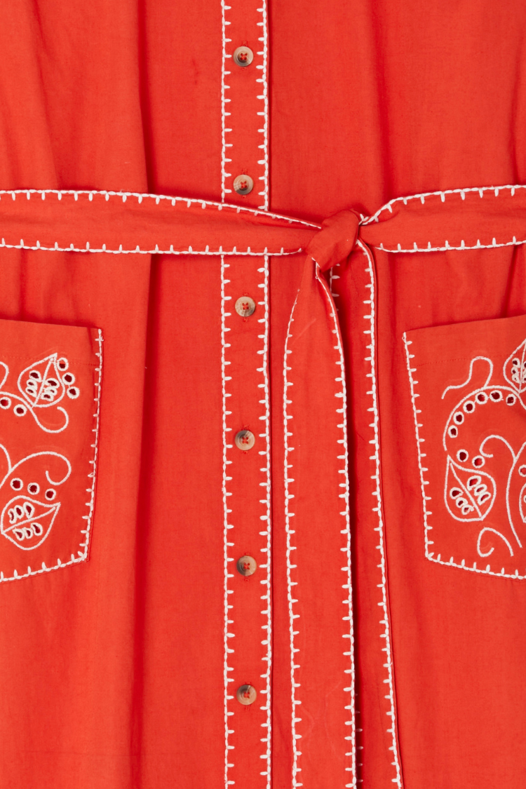 Red and Cream Pollenca Cotton Shirt Dress with Tie Belt