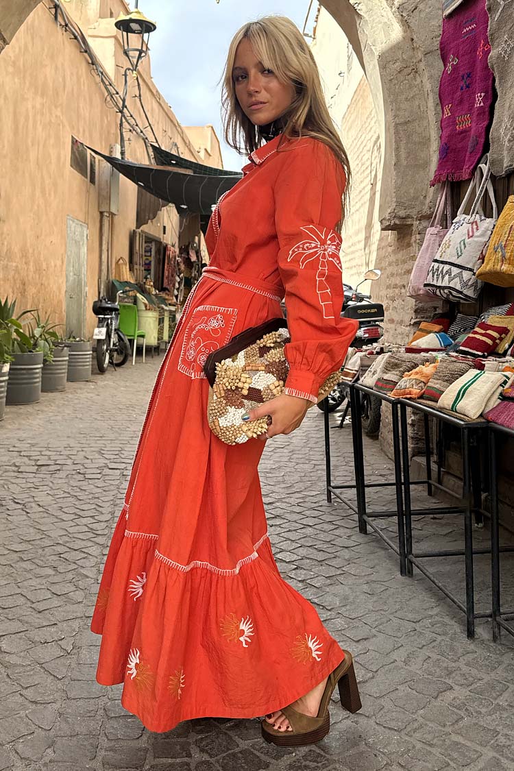 Red and Cream Pollenca Cotton Shirt Dress with Tie Belt
