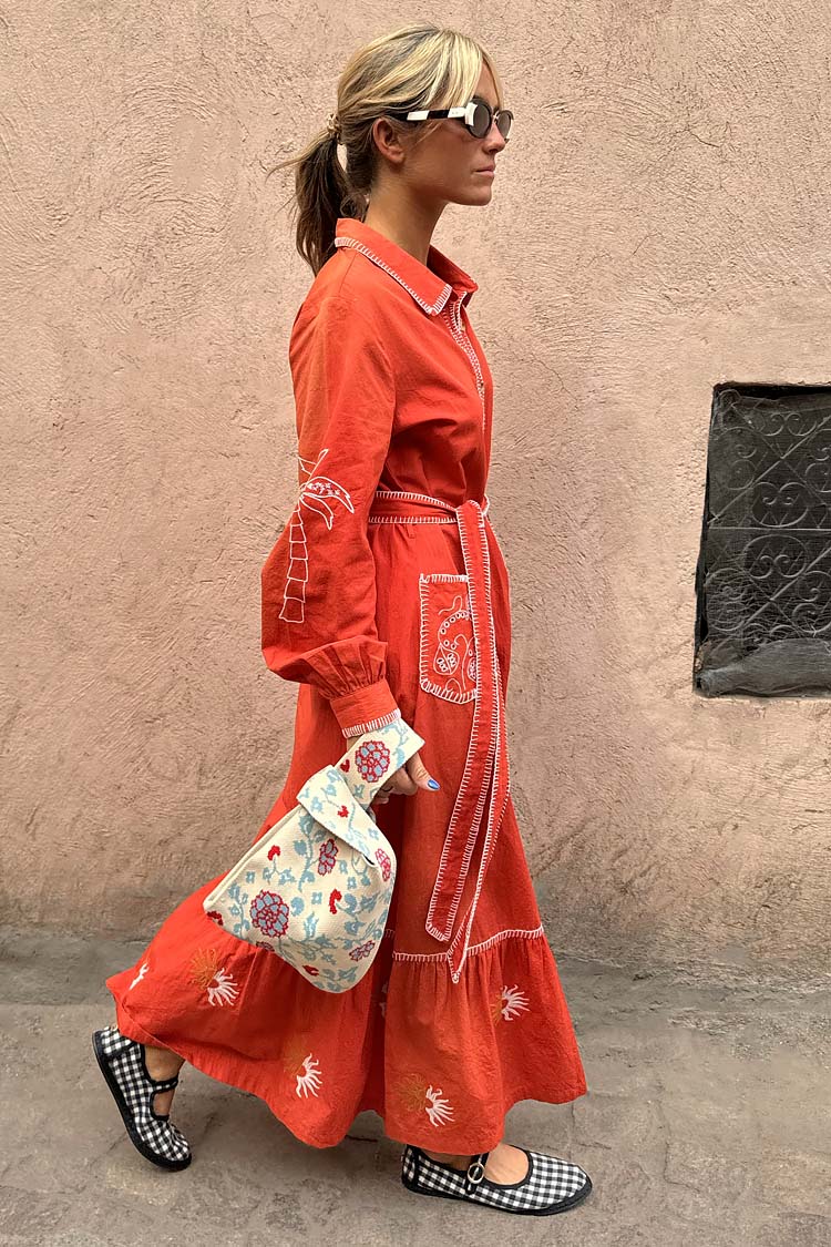 Red and Cream Pollenca Cotton Shirt Dress with Tie Belt