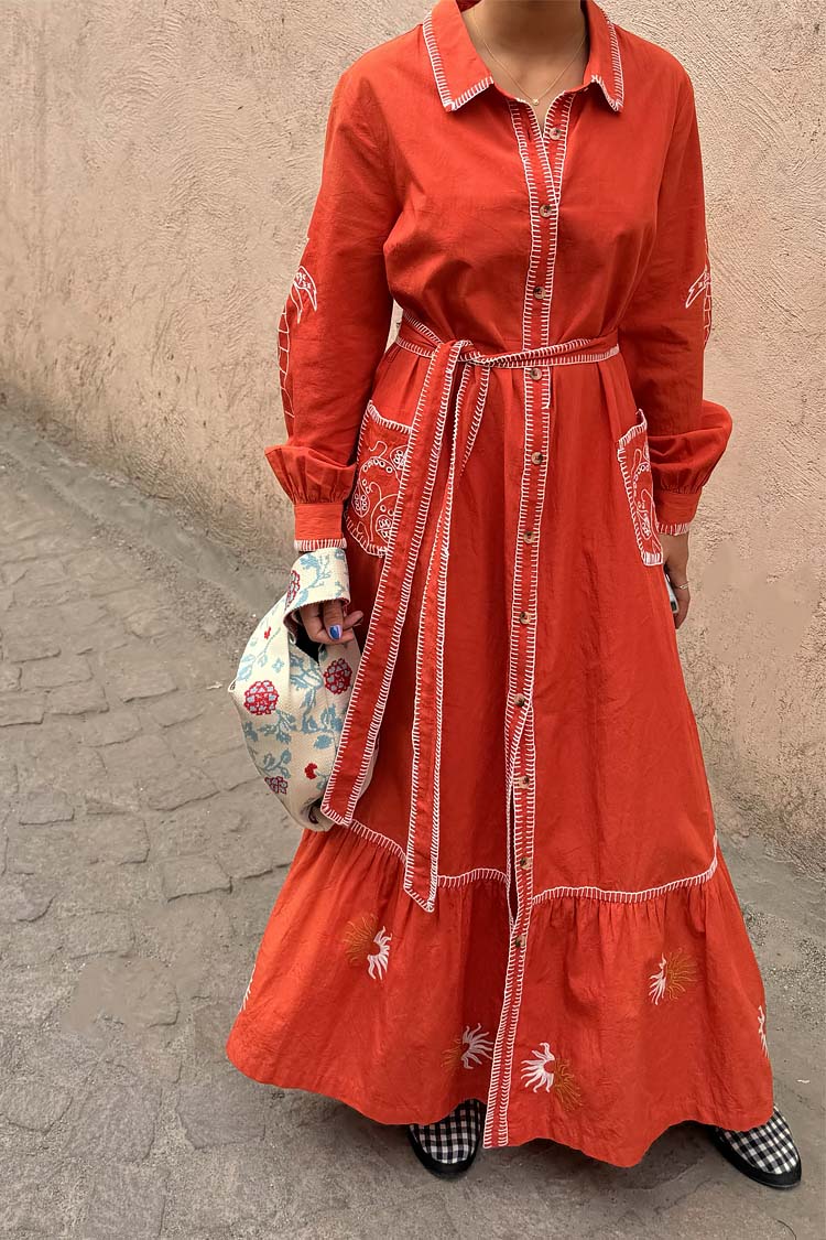 Red and Cream Pollenca Cotton Shirt Dress with Tie Belt