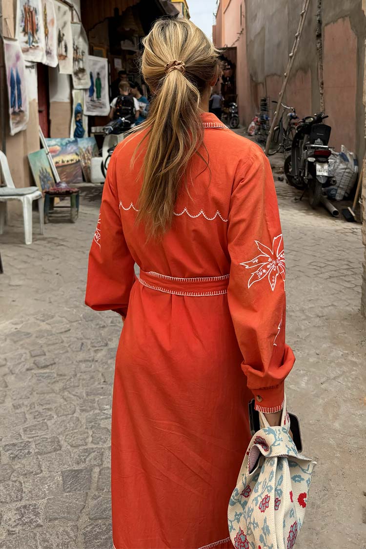 Red and Cream Pollenca Cotton Shirt Dress with Tie Belt
