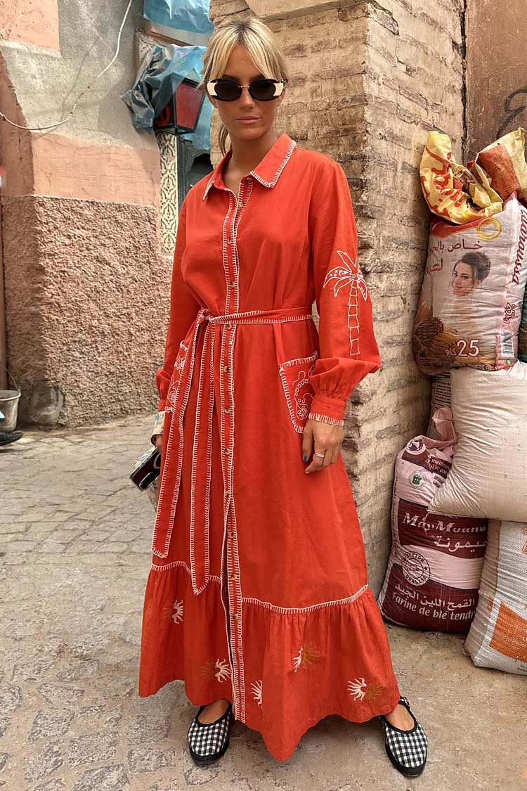 Red and Cream Pollenca Cotton Shirt Dress with Tie Belt