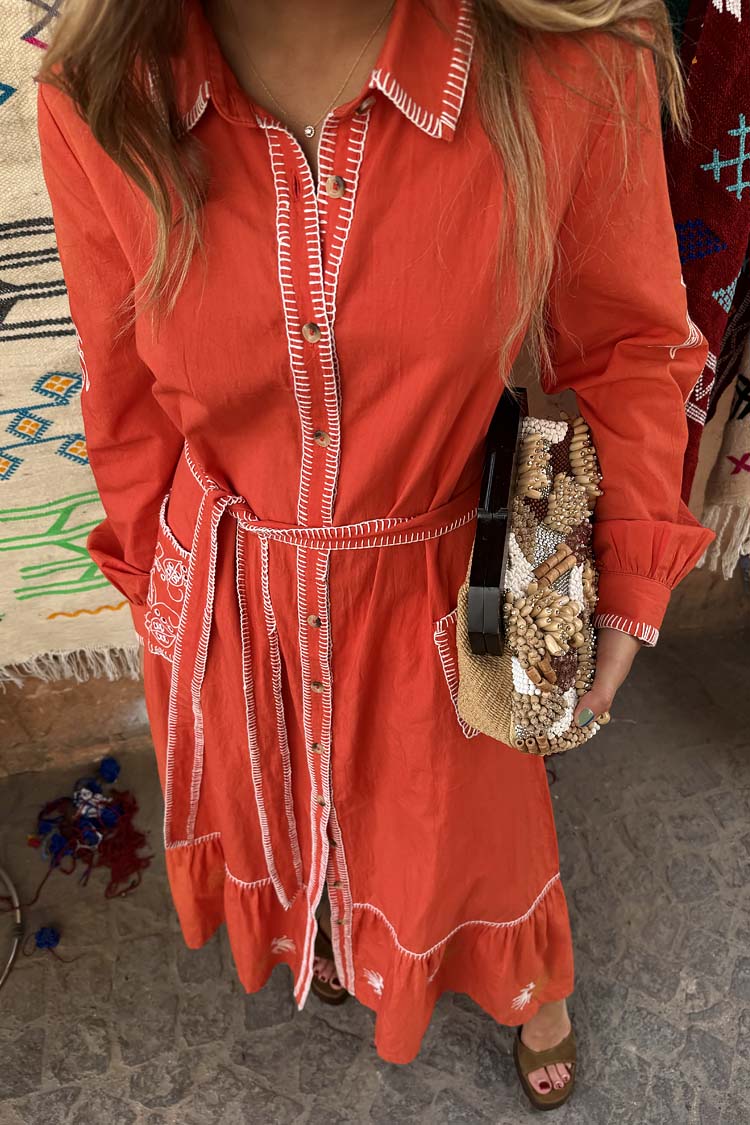 Red and Cream Pollenca Cotton Shirt Dress with Tie Belt