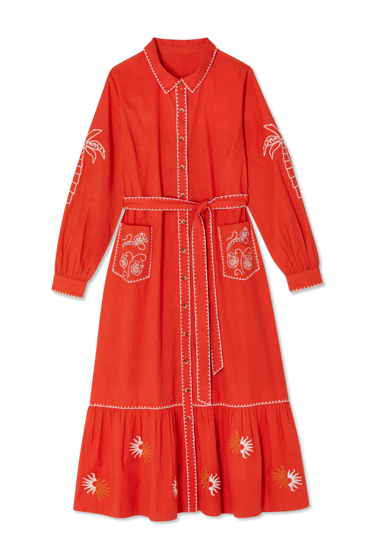 Red and Cream Pollenca Cotton Shirt Dress with Tie Belt