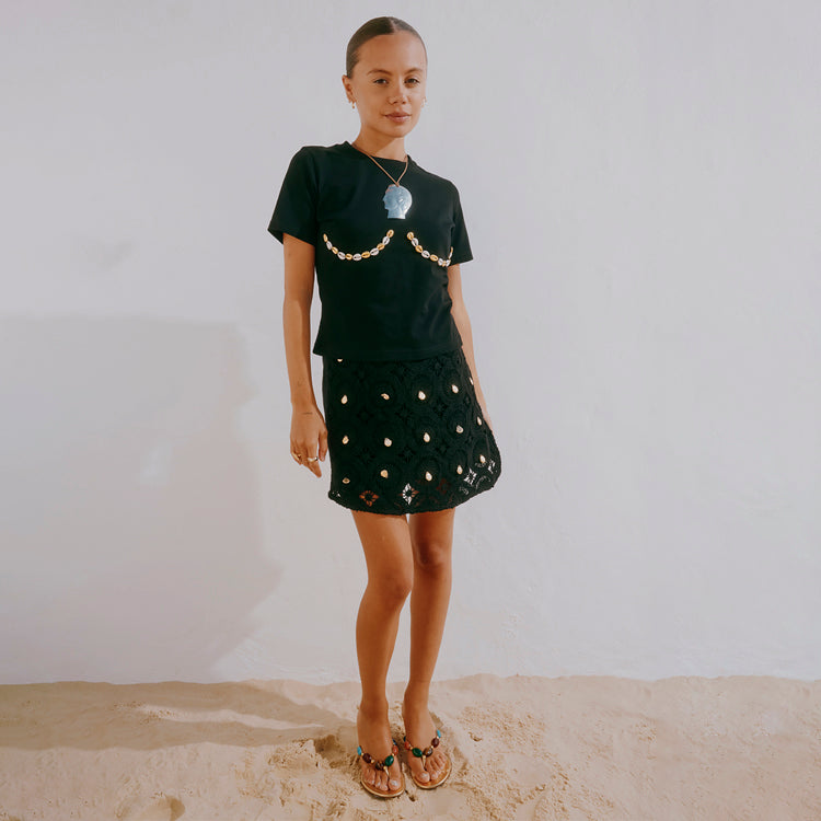 Black Crochet Shell Wrap Skirt with Gold Embellishments