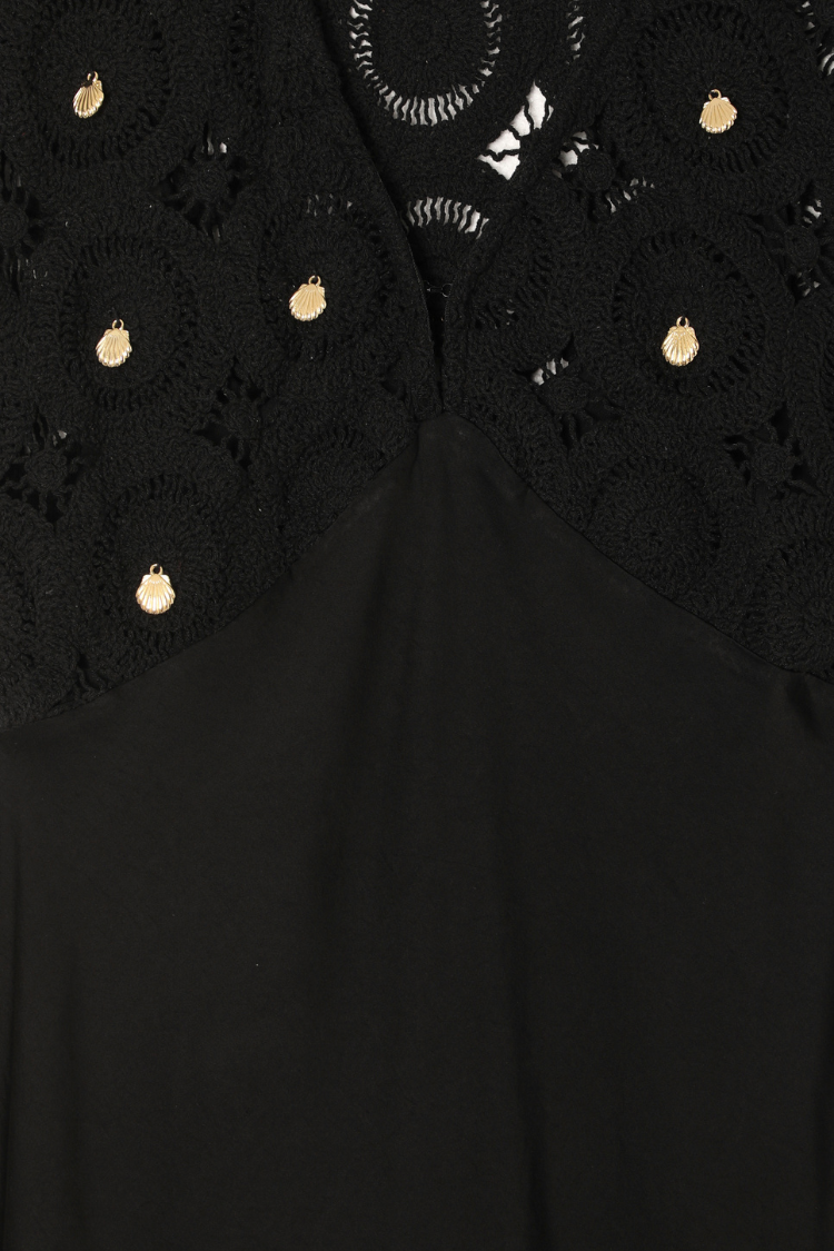 Black Crochet Shell Elodie Dress with Gold Embellishment