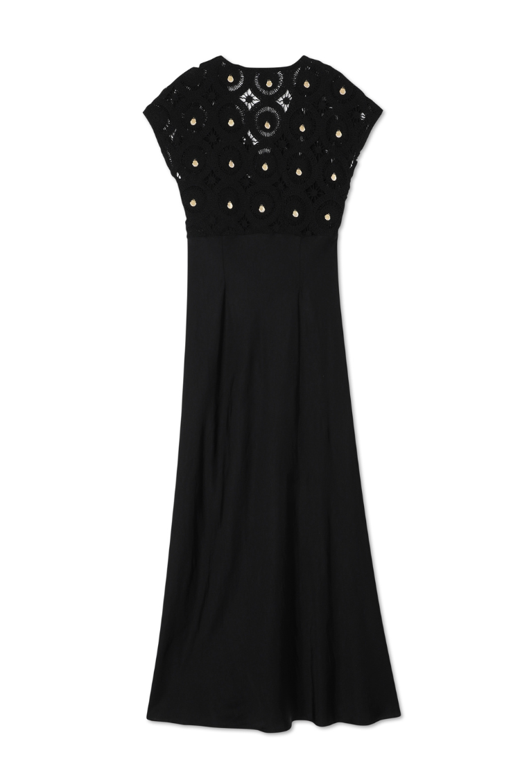 Black Crochet Shell Elodie Dress with Gold Embellishment