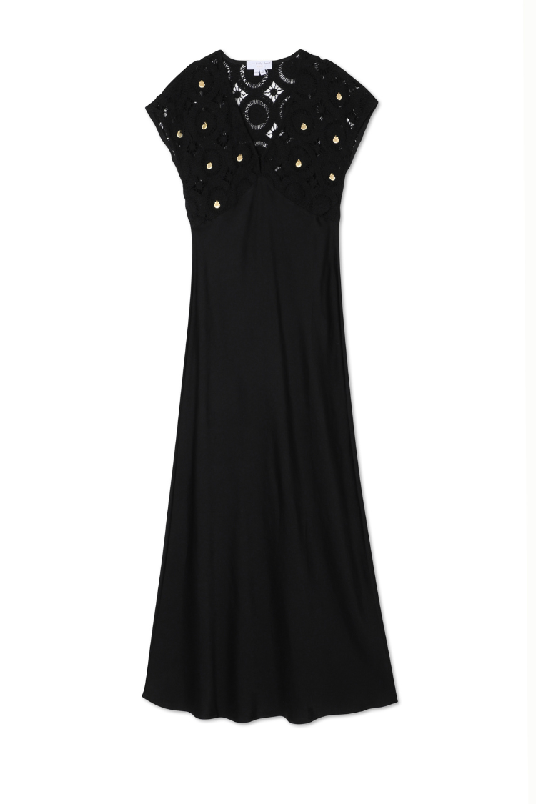 Black Crochet Shell Elodie Dress with Gold Embellishment