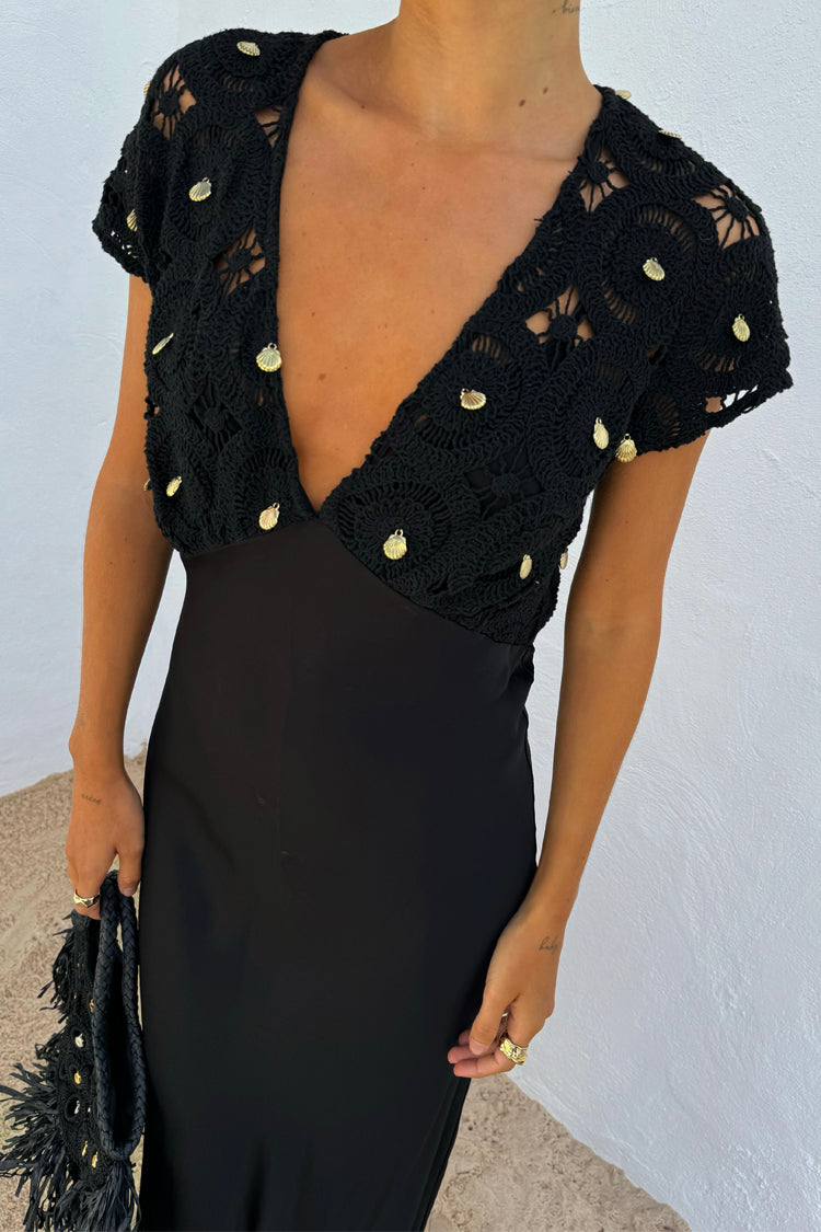 Black Crochet Shell Elodie Dress with Gold Embellishment