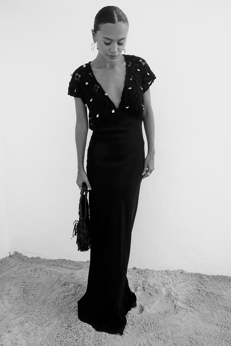 Black Crochet Shell Elodie Dress with Gold Embellishment