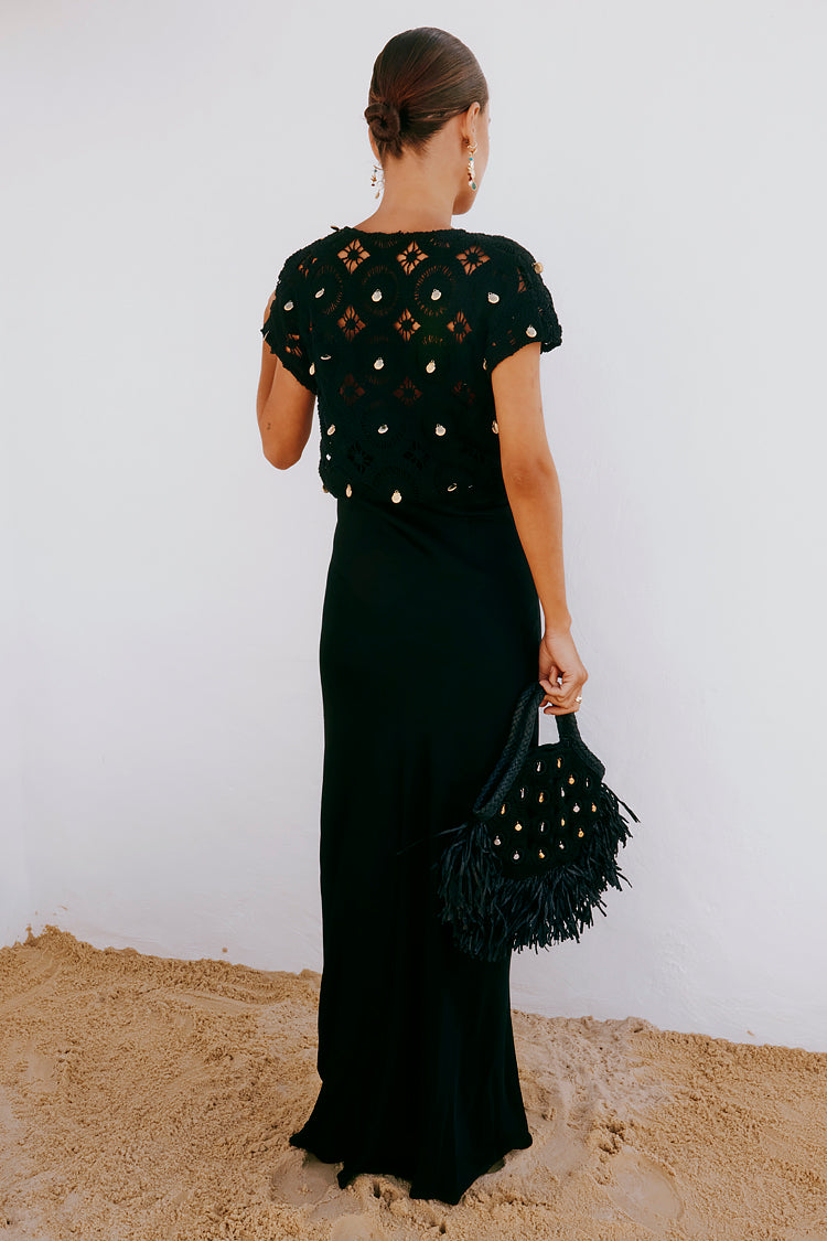 Black Crochet Shell Elodie Dress with Gold Embellishment