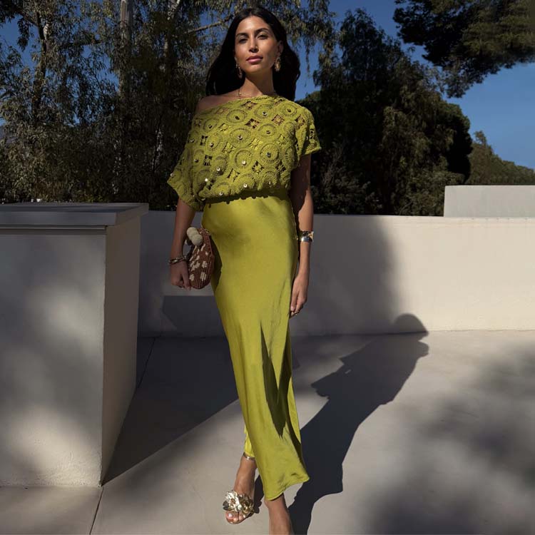 Green Crochet Shell Tilly Dress - Lightweight Satin Summer Dress