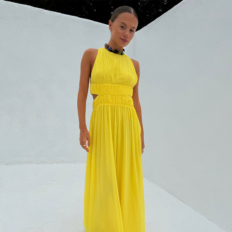 Yellow Pleated Summer Dress with Cut Out Sides - Ella Dress