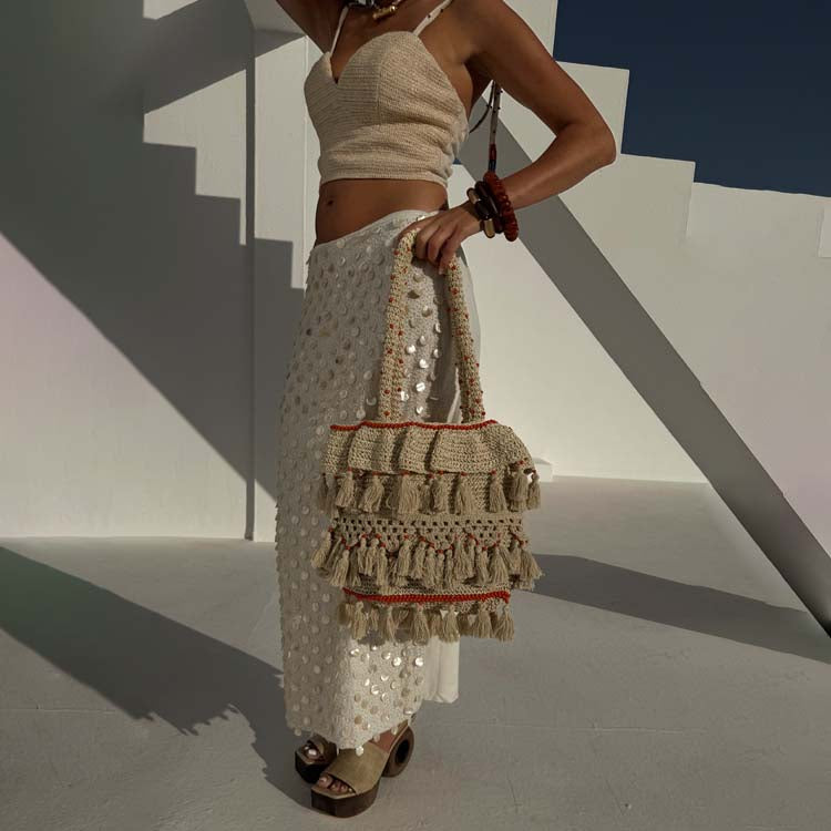 Cream Shell Beaded Dorris Skirt - Handcrafted Cotton Flax Blend