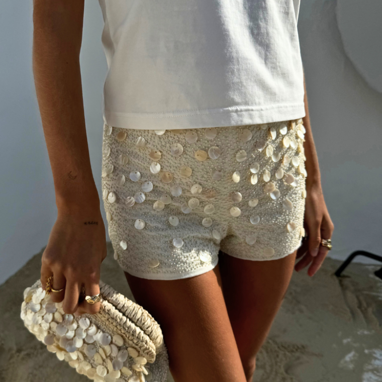 Shell Embellished Hot Pants with Beaded Design - Cream Shorts