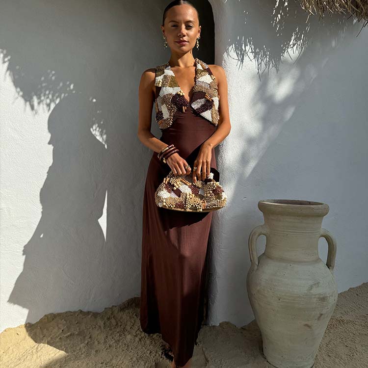 Chocolate Beaded Allegra Party Dress with Satin Skirt