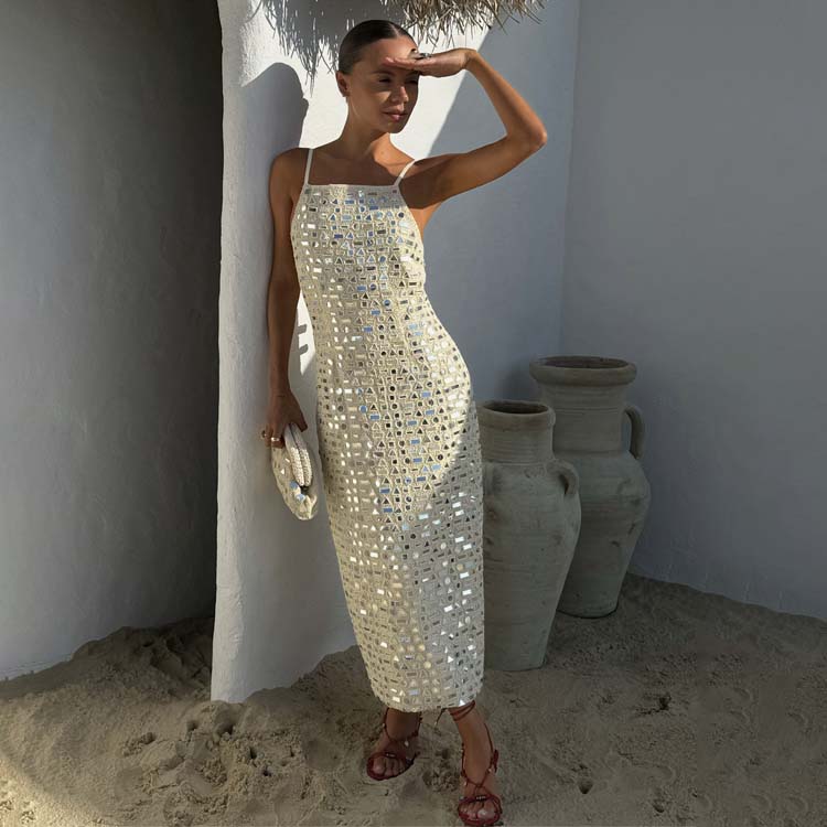 Cream Mirror Beaded Midi Dress with Adjustable Straps