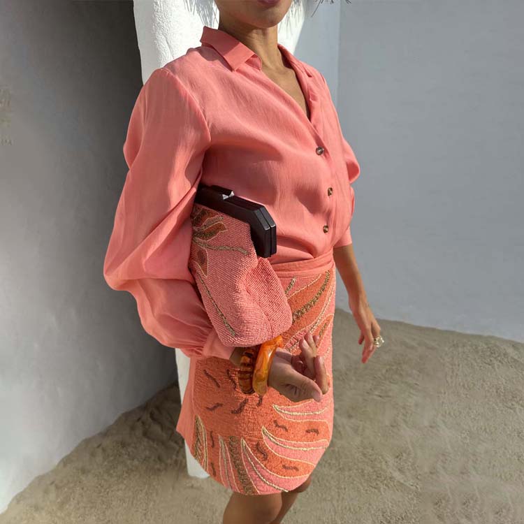 Coral Pink Blouse with Blouson Sleeves & Embroidered Logo