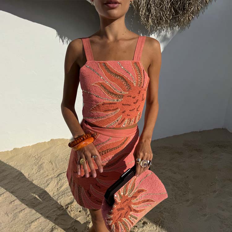 Pink Beaded Sun Print Top - Hand Embroidered with Gold Thread