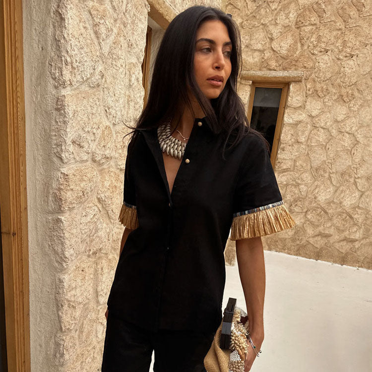Black Raffia Shirt with Crochet Buttons – Breastfeeding Friendly Linen Top