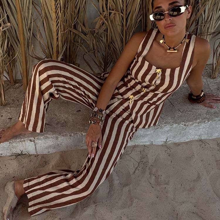Chocolate Stripe Cotton Linen Trousers with Moon Print