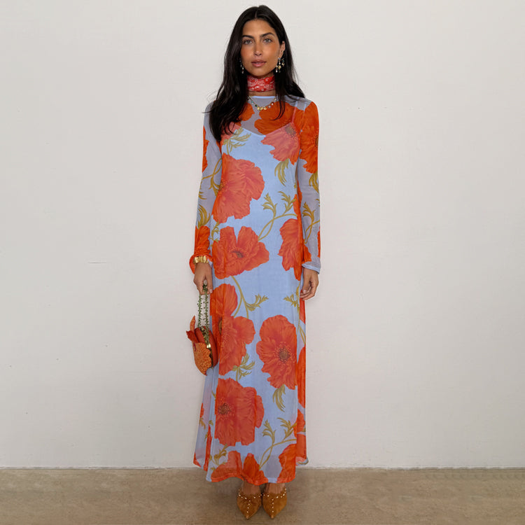 Blue Poppy Print Mesh Dress with Slip - Sheer Aria Style