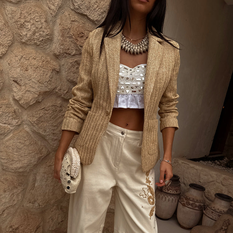 Raffia Blazer for Women - Textured Light Beige Maternity-Friendly Jacket