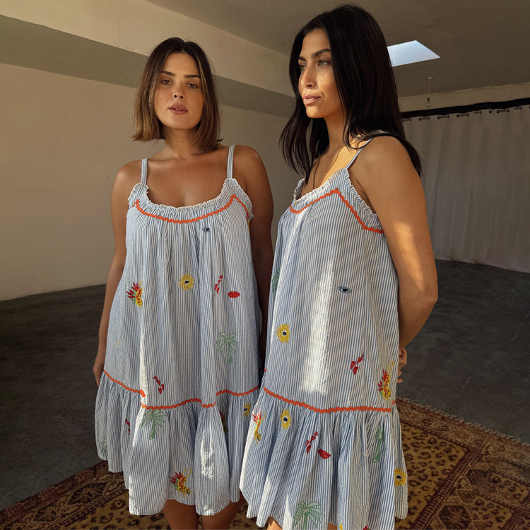 Blue Embroidered Cotton Slip Dress for Maternity & Nursing