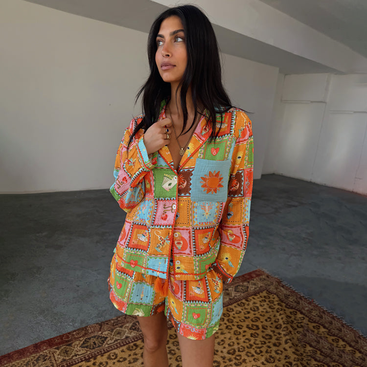 Women's Soller Patchwork Cotton Pyjama Set with Button-Up Top