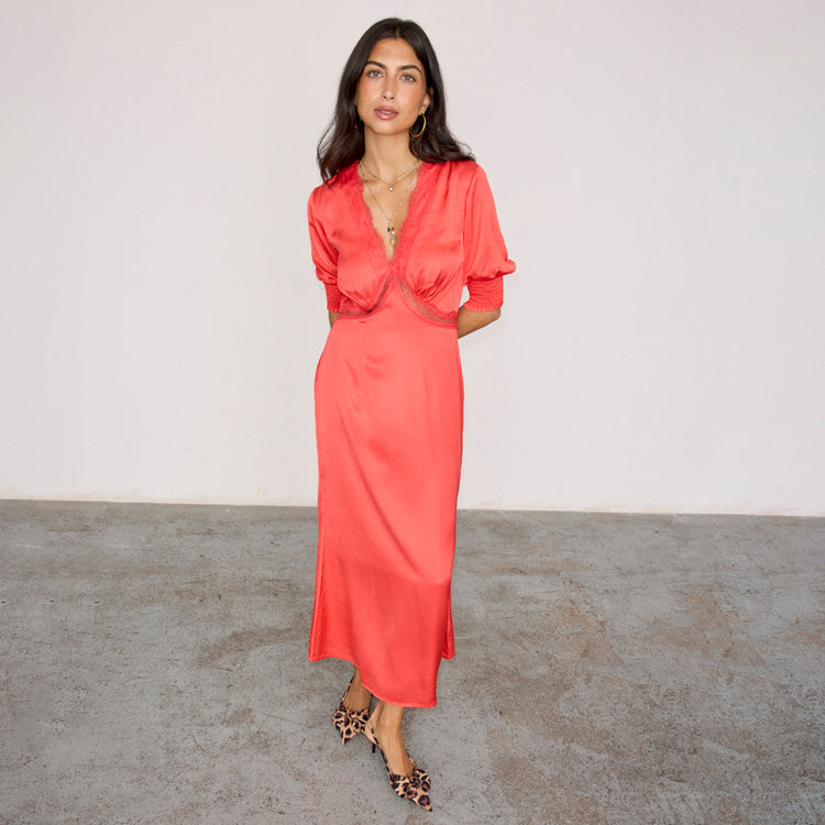 Red Lace Viscose Dress - Elegant Feminine Style with Elasticated Cuffs