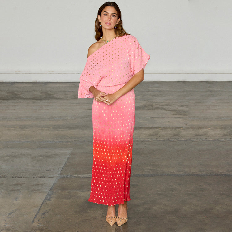 Pink Ombre Tilly Dress with Gold Shimmer - Lightweight Plisse Fabric