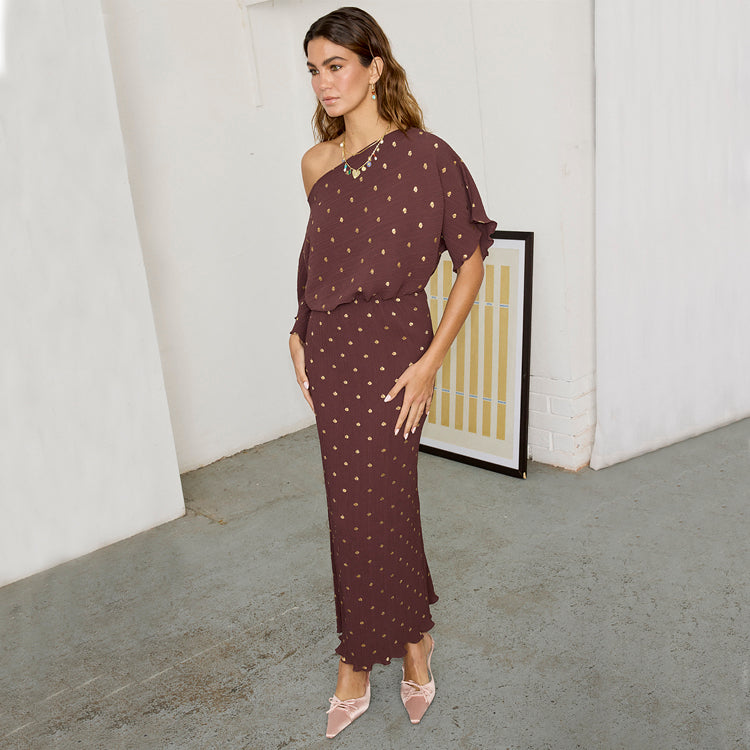 Chocolate Brown Off Shoulder Maternity Dress with Gold Dots