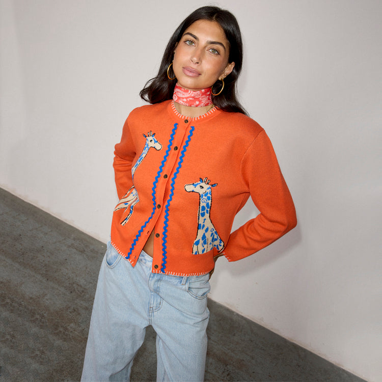 Giraffe Print Cotton Knit Cardigan - Breastfeeding Friendly