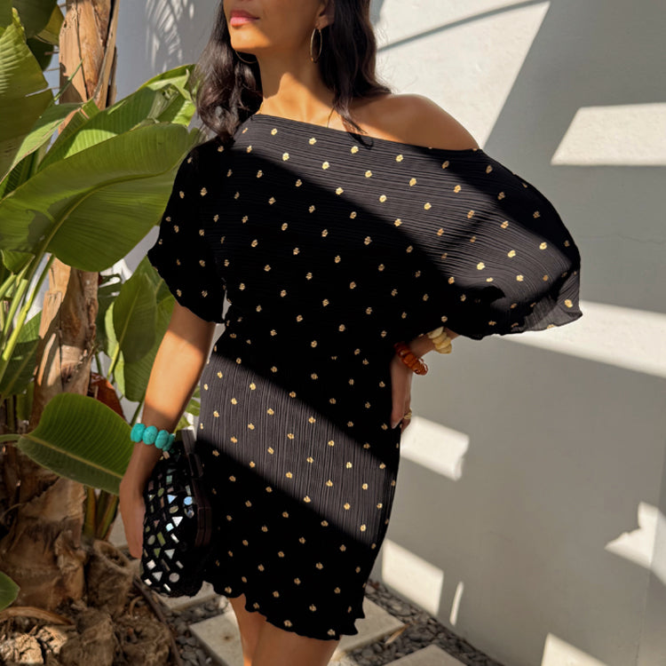 Black Plisse Mini Dress with Gold Dots & Off-Shoulder Design