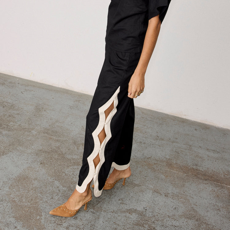 Black Scallop Trim Wide Leg Trousers - Cotton Linen Blend