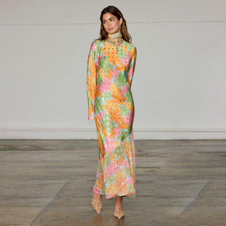 Floral Alaia Dress with Bell Sleeves & Asymmetric Hem
