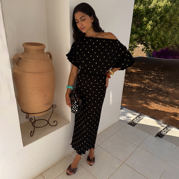 Black Plisse Maternity Dress with Gold Fleck - Off Shoulder Wedding Guest Dress