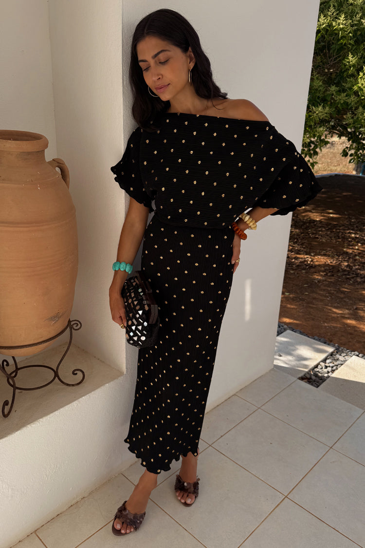 Black Plisse Maternity Dress with Gold Fleck - Off Shoulder Wedding Guest Dress