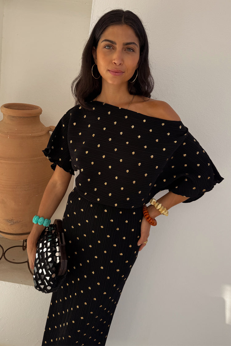 Black Plisse Maternity Dress with Gold Fleck - Off Shoulder Wedding Guest Dress