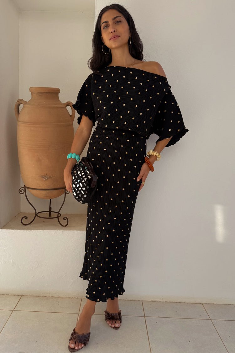 Black Plisse Maternity Dress with Gold Fleck - Off Shoulder Wedding Guest Dress