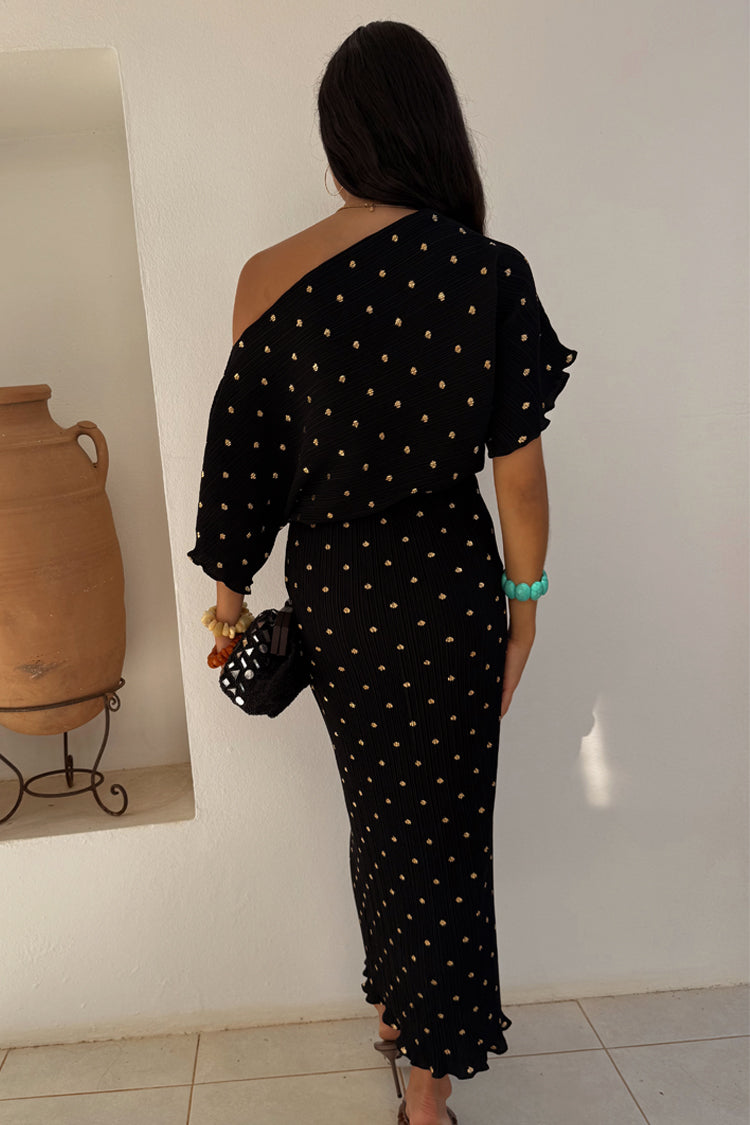 Black Plisse Maternity Dress with Gold Fleck - Off Shoulder Wedding Guest Dress