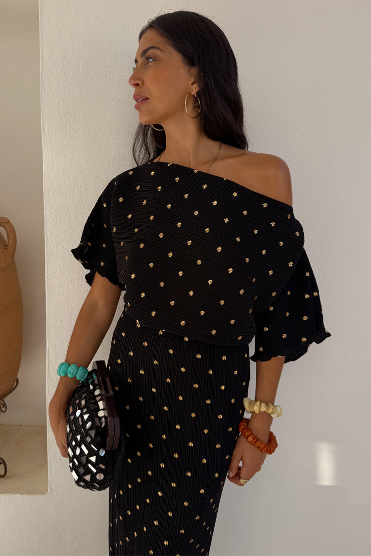 Black Plisse Maternity Dress with Gold Fleck - Off Shoulder Wedding Guest Dress