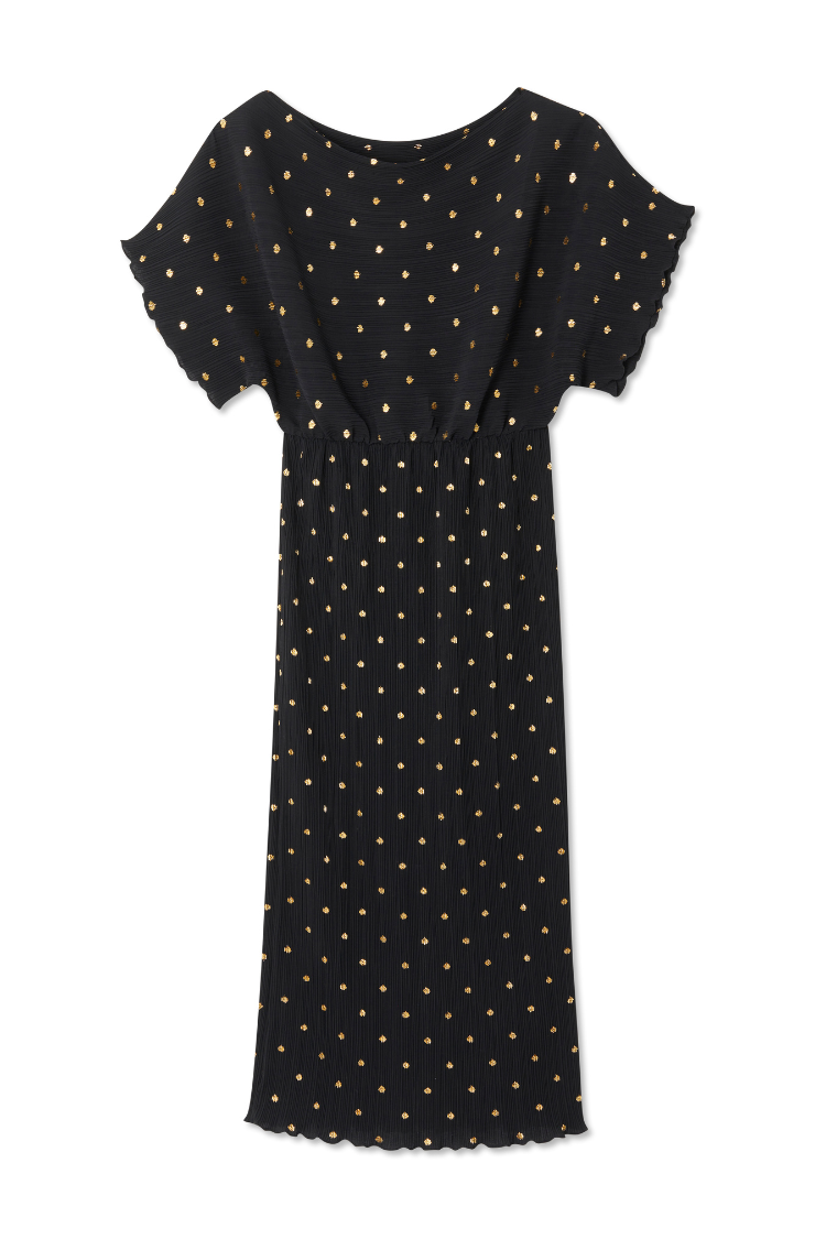 Black Plisse Maternity Dress with Gold Fleck - Off Shoulder Wedding Guest Dress