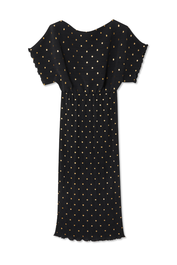 Black Plisse Maternity Dress with Gold Fleck - Off Shoulder Wedding Guest Dress