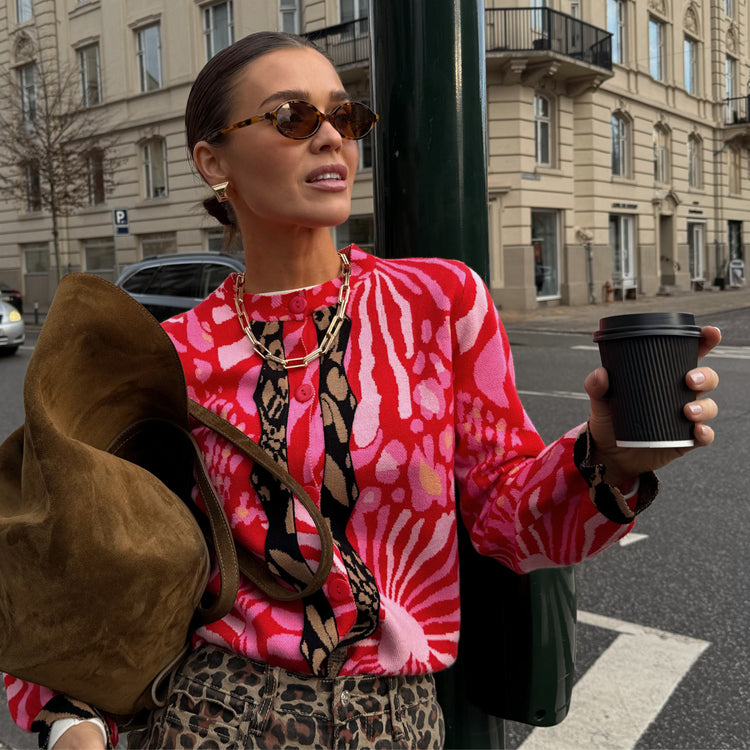 Valentine Animal Print Cardigan - Pink & Red Knit for Maternity