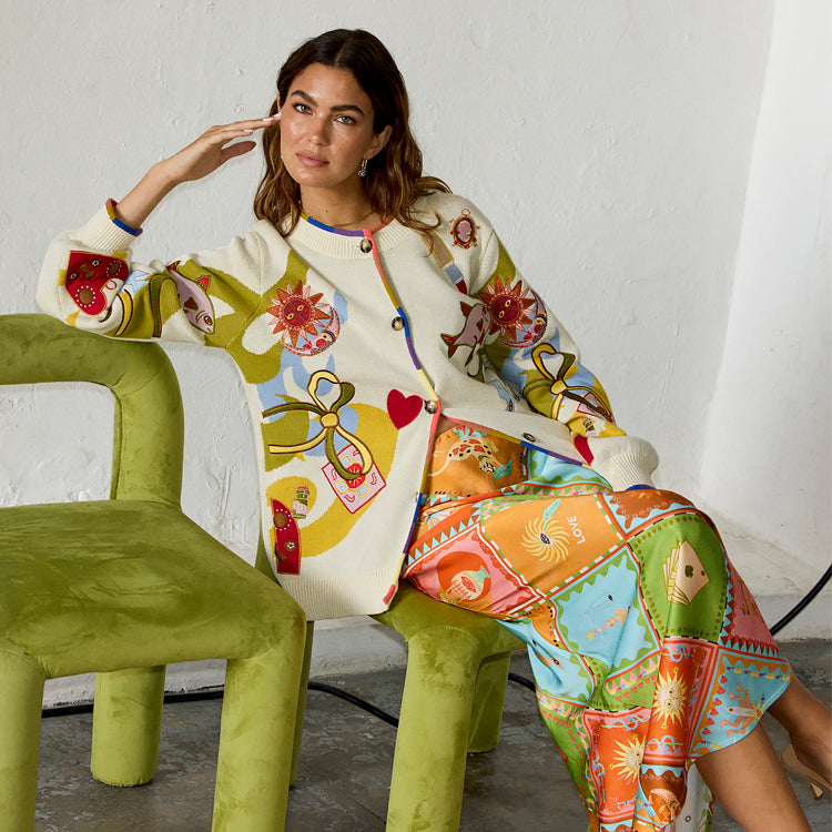 Enchanted Print Cotton Cardigan with Multi-Colored Trim – Cream